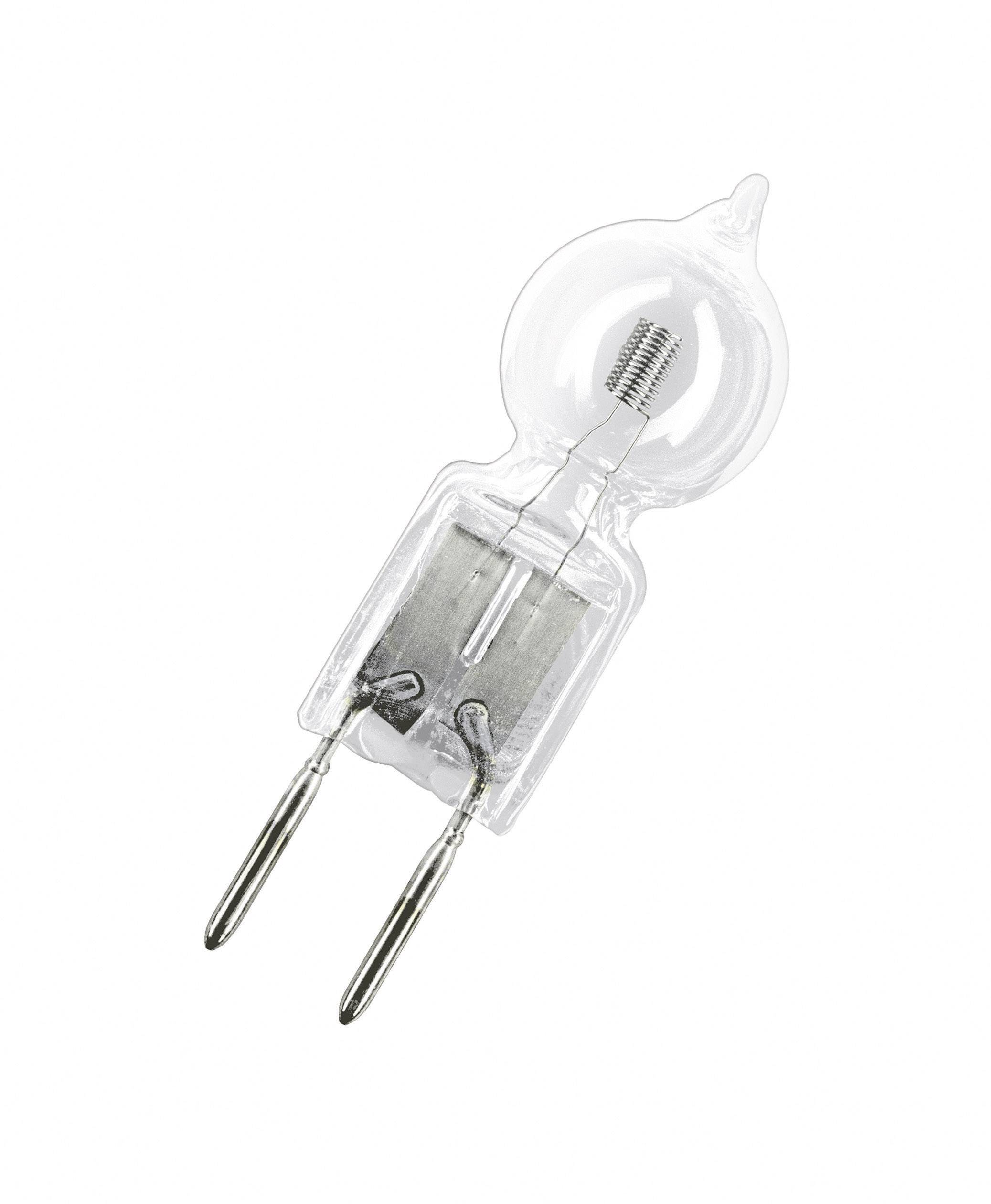 Une lampe halogène à deux broches entourée d'une enveloppe de verre claire et lisse.
