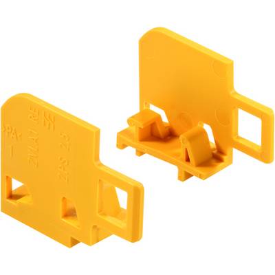 Deux pinces de fixation en plastique jaune, rectangulaires avec crochets et rainures, destinées à la fixation de conducteurs électriques dans les armoires électriques.