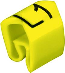 Clip en plastique jaune portant un numéro imprimé, utilisé pour identifier ou organiser des objets ou des câbles.