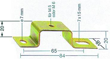 Élément de fixation métallique, dimensions : 84 mm de longueur, 20 mm de hauteur, trous pour vis M5 ou M6, distances et dimensions indiquées en millimètres.