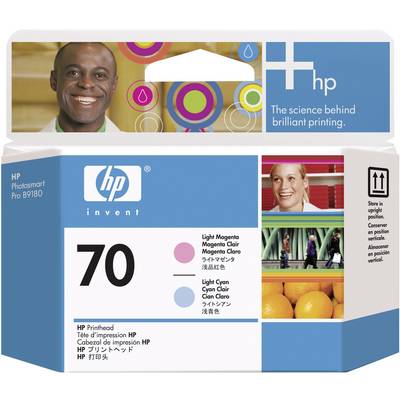 Emballage de cartouche d'encre HP 70 avec un design coloré et des photos de personnes et d'oranges. Description du produit et logo HP visibles.
