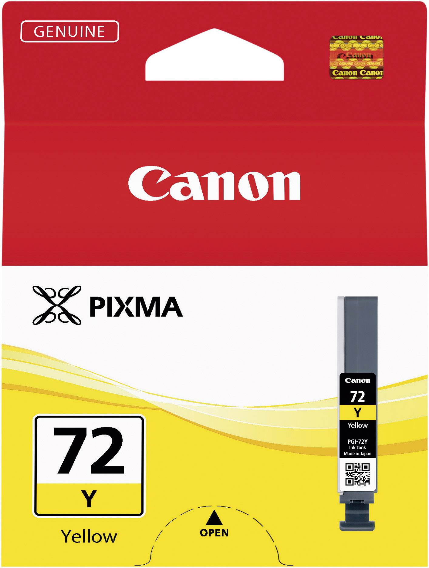 Cartouche d'encre jaune Canon PIXMA 72Y en emballage d'origine, pour des impressions éclatantes. L'emballage affiche le sceau 'Original' en haut à gauche.