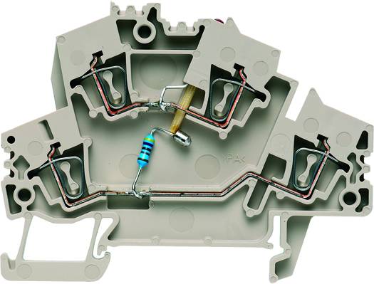 Illustration d'un bloc de jonction électrique gris avec résistances intégrées et bornes de connexion, destiné au câblage dans les armoires électriques.