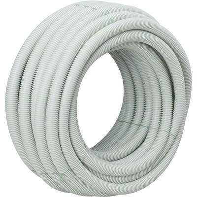 Un rouleau de tuyau flexible ondulé gris, adapté à la protection des câbles et à l'installation dans le domaine de la construction.