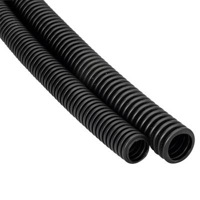 Deux tuyaux ondulés noirs flexibles sont disposés parallèlement, adaptés à l'organisation des câbles ou comme gaines de protection.