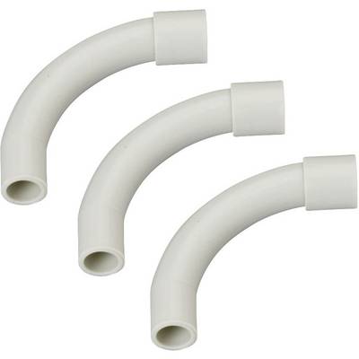 Trois tubes en plastique blanc, chacun avec un coude à 90 degrés, illustrent la possibilité de connexion dans un projet de canalisation.