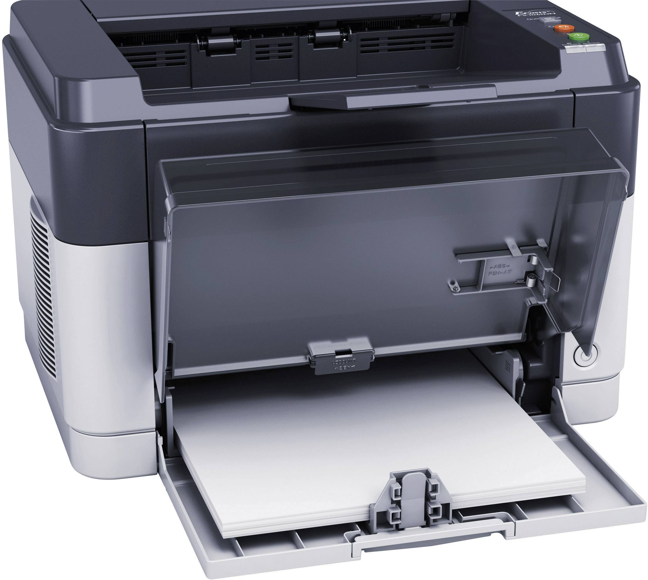 Imprimante de bureau noir et gris avec le bac de sortie papier ouvert et une pile de papier chargée. Touches et voyants lumineux sur le côté droit.