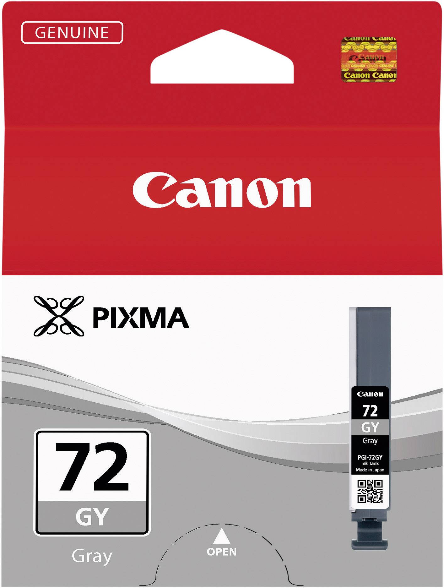 Cartouche d'encre Canon, modèle 72 GY en gris, emballée dans une boîte rouge avec les logos 'Genuine' et Canon, compatible avec les imprimantes Pixma.