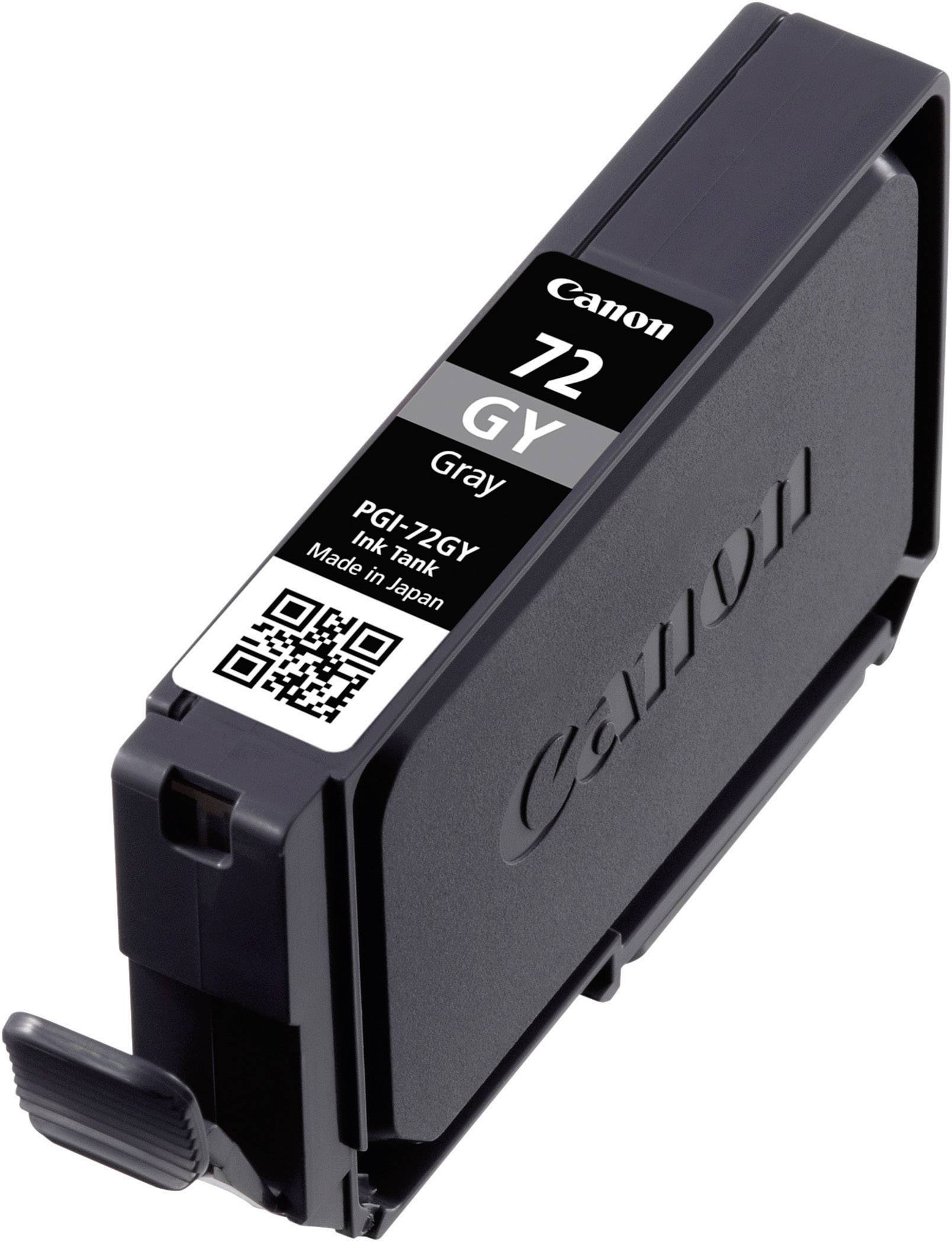 Cartouche d'imprimante Canon grise 'GY 72' avec code QR, modèle PGI-72GY. Vue en orientation portrait, cartouche noire avec étiquette.