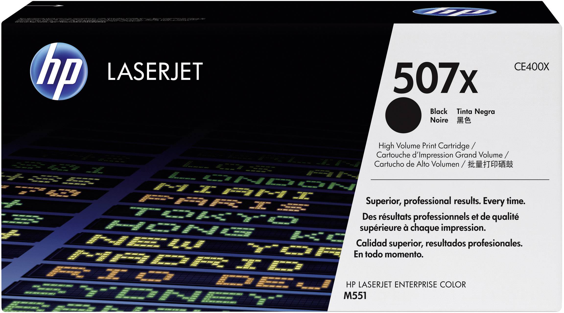 Cartouche de toner noir HP LaserJet 507X, compatible avec l'imprimante HP LaserJet Enterprise Color M551. Un texte qui souligne des résultats d'impression professionnels et supérieurs.