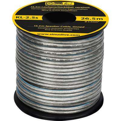 Bobine de câble portant l'inscription '15,5m de câble de haut-parleur, étamé, conducteurs individuels de 0,12mm, 26,5m'. Marquage 'KL-2.5s'.