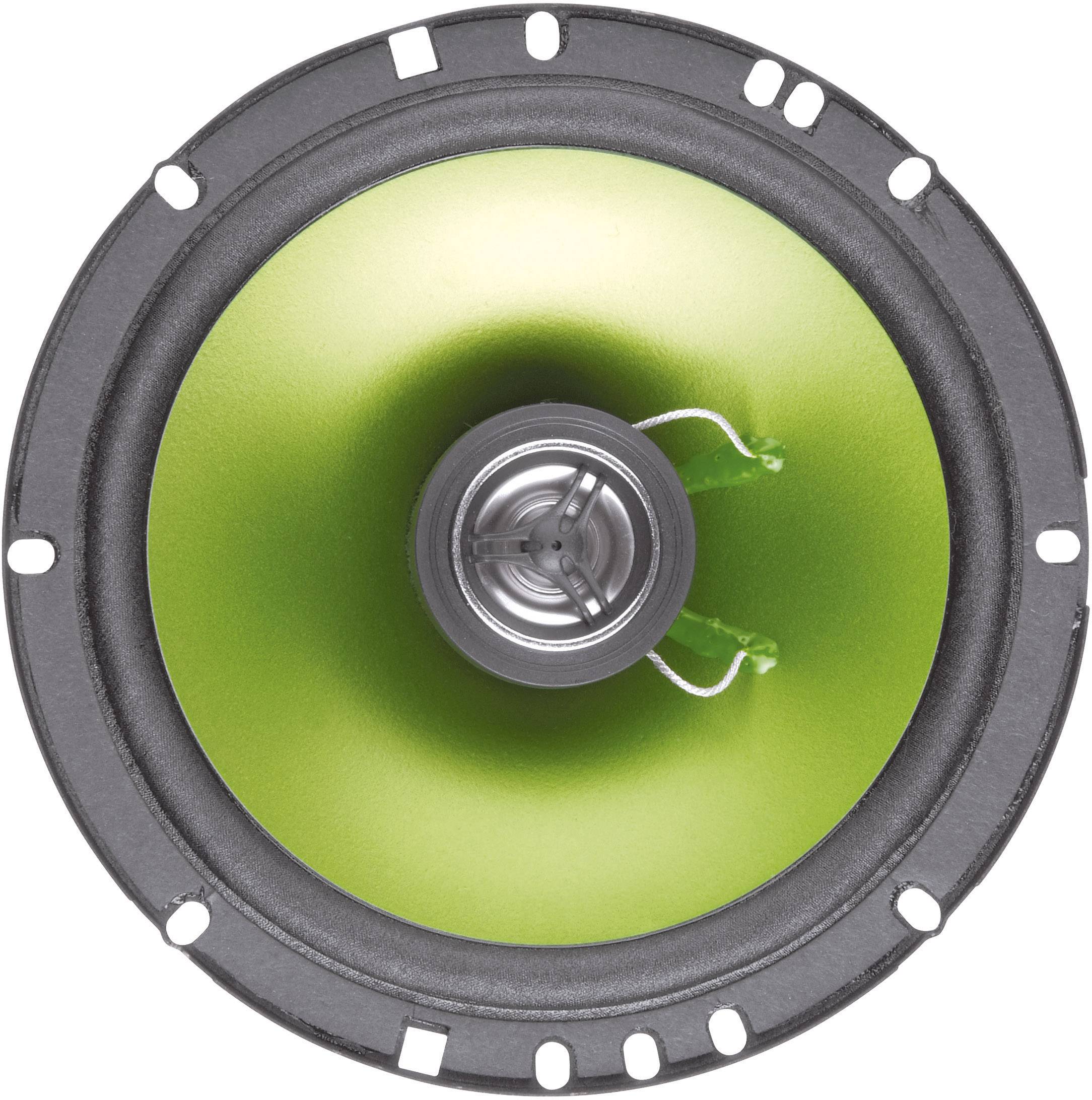 Haut-parleur en gros plan avec membrane verte, tweeter central et bord noir.