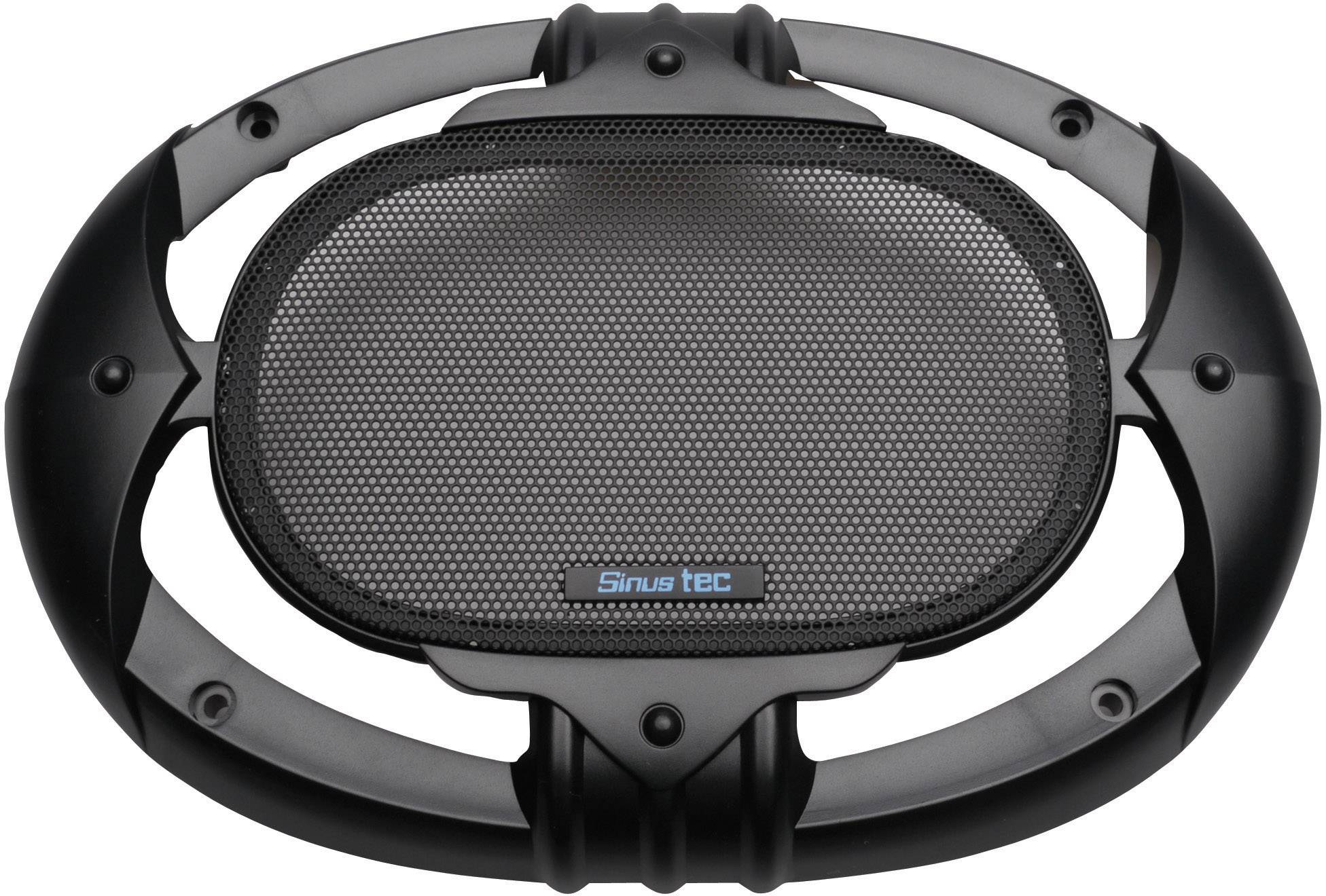 Un haut-parleur noir ovale avec une grille métallique, à côté duquel se trouve une marque bleue subtile au centre.