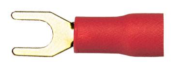 Un cosse de câble à fourche doré avec une gaine isolante rouge, vu de côté.