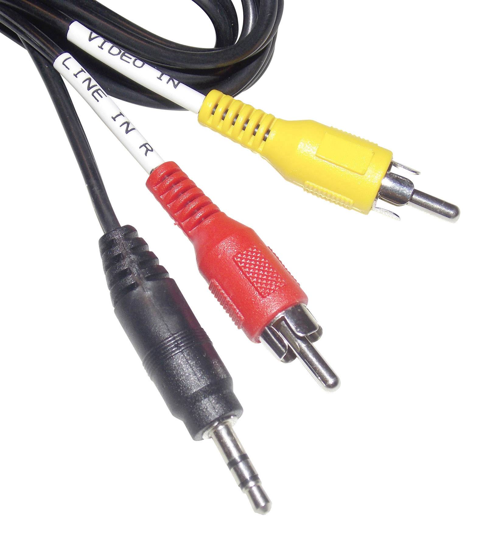 Trois câbles AV avec des fiches de couleurs rouge, jaune et noire pour l'audio et la vidéo.
