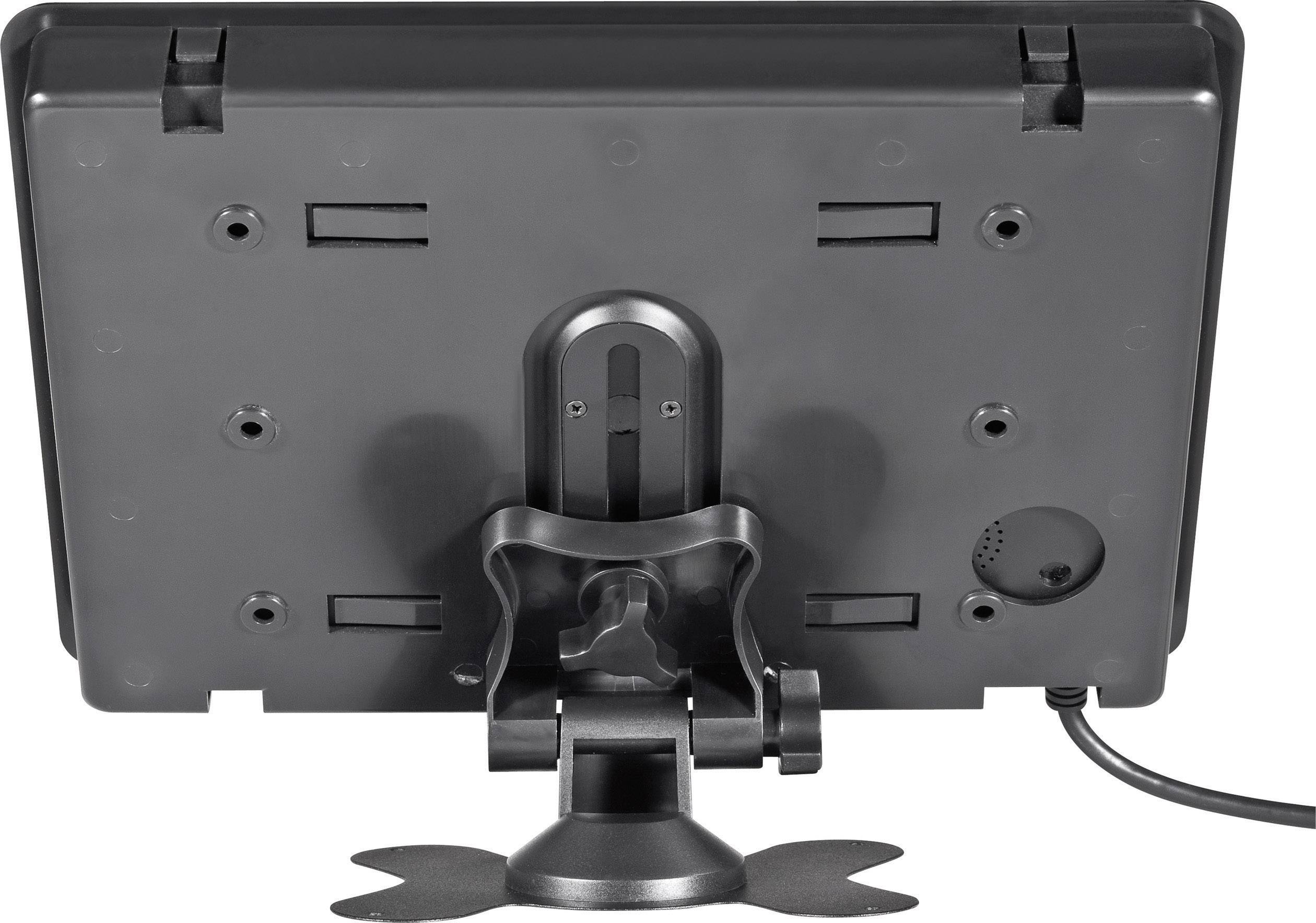 Un écran d'ordinateur noir rectangulaire avec un socle et une connexion de câbles en bas à droite.