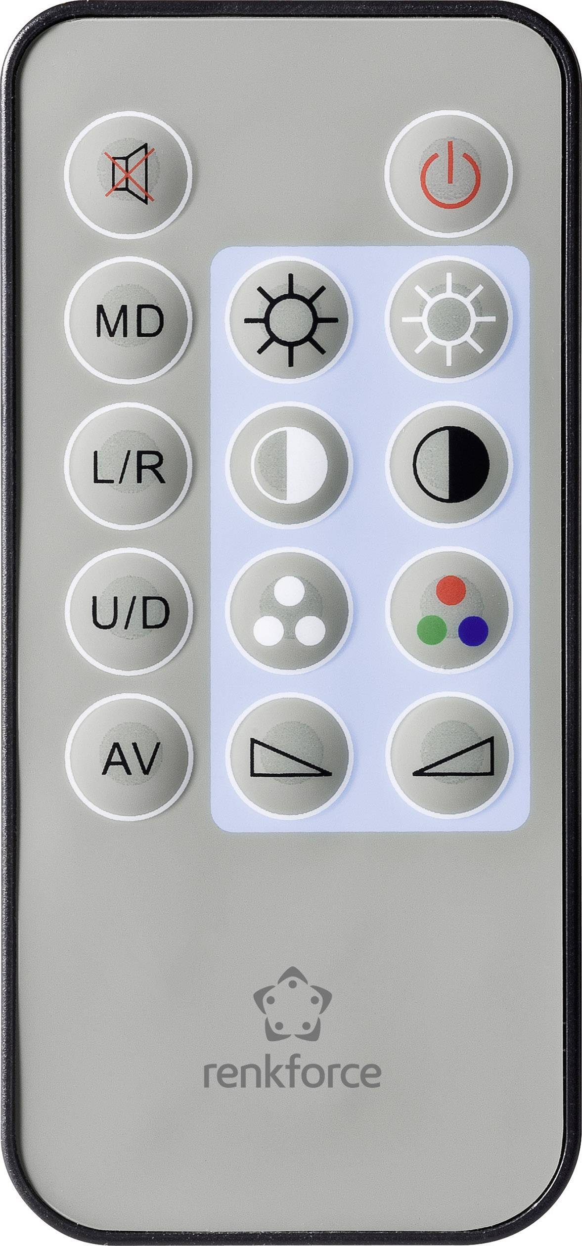 Une télécommande grise avec douze touches, dont Marche/Arrêt, luminosité et contrôle des couleurs, et le logo 'renkforce'.