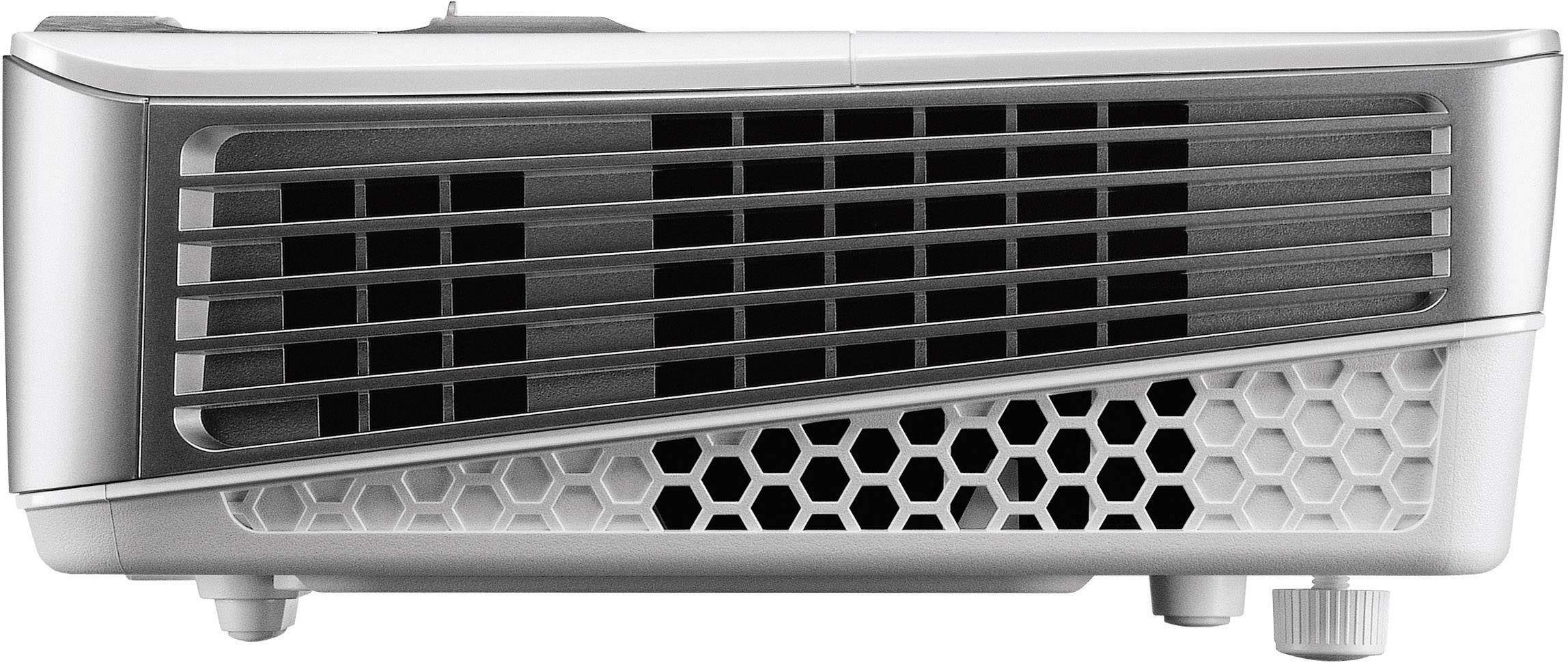 Projecteur portable avec boîtier gris et grille de ventilation, idéal pour les cinémas maison ou les présentations.