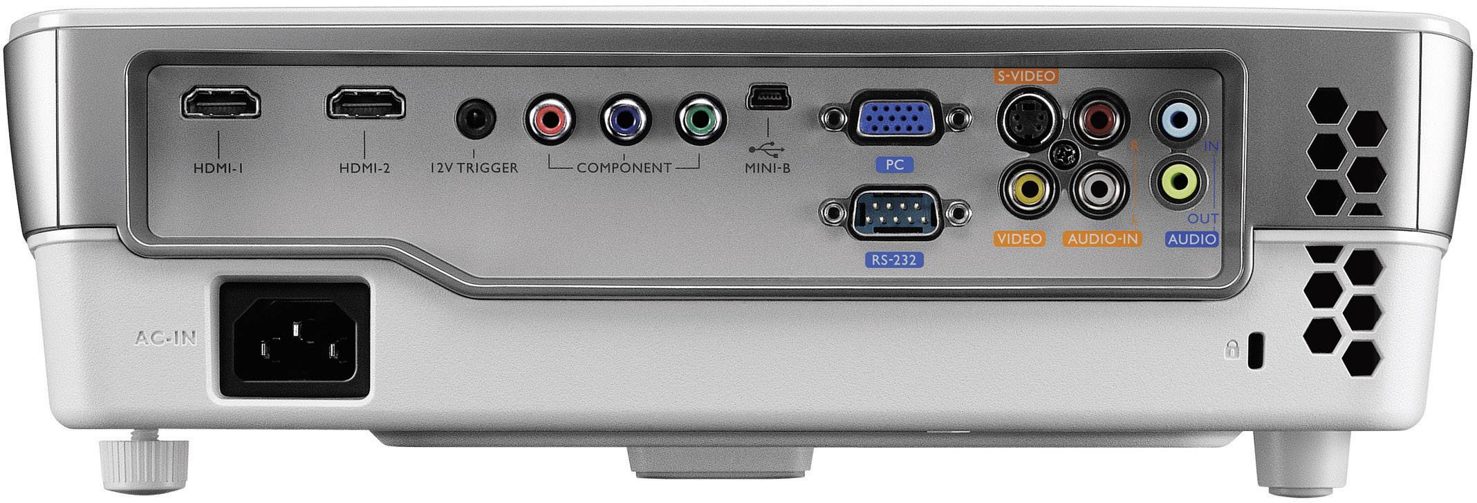 Arrière d'un projecteur avec différentes connexions : deux HDMI, USB, VGA, S-Video, entrée/sortie audio et prise d'alimentation.