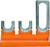 Un support en plastique orange doté de trois clips métalliques argentés de formes différentes.