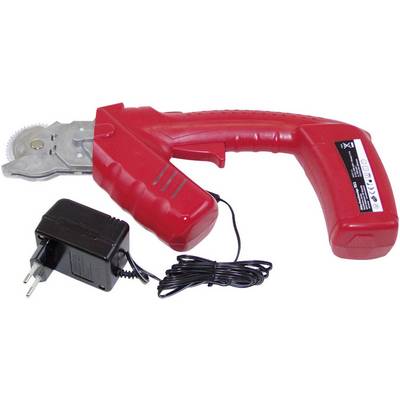 Ciseaux électriques rouges avec adaptateur secteur, adaptés aux travaux de coupe légers.