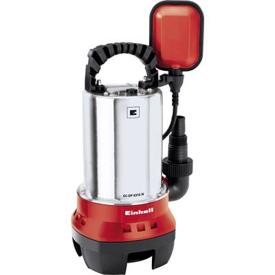 Pompe de puisard avec boîtier en acier inoxydable, socle rouge et poignée de transport. Adaptée aux eaux usées, avec interrupteur à flotteur intégré.