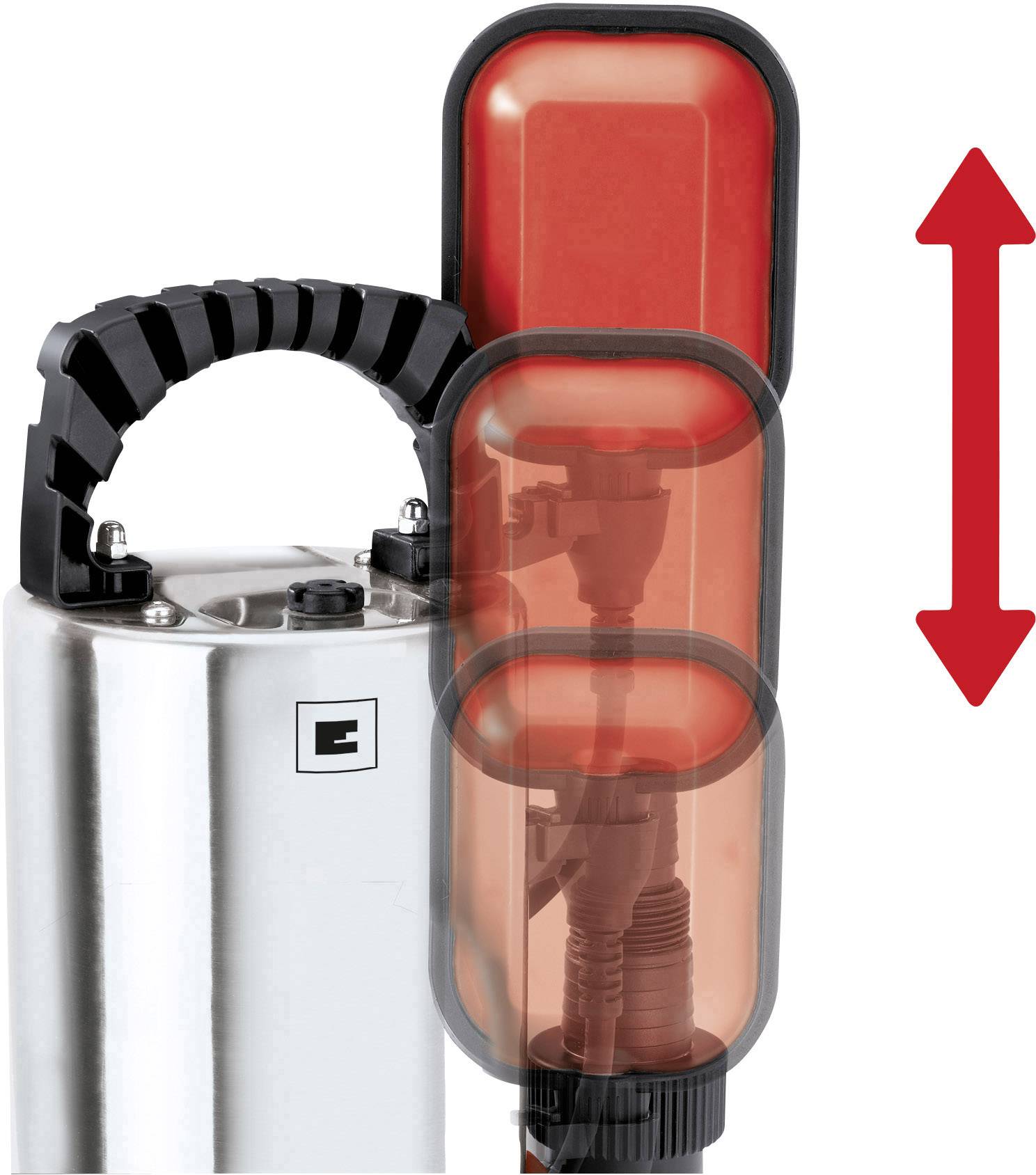 Système automatique de régulation de niveau avec un flotteur rouge qui contrôle le niveau d'eau dans un réservoir. Vue détaillée du flotteur et du boîtier de commande.