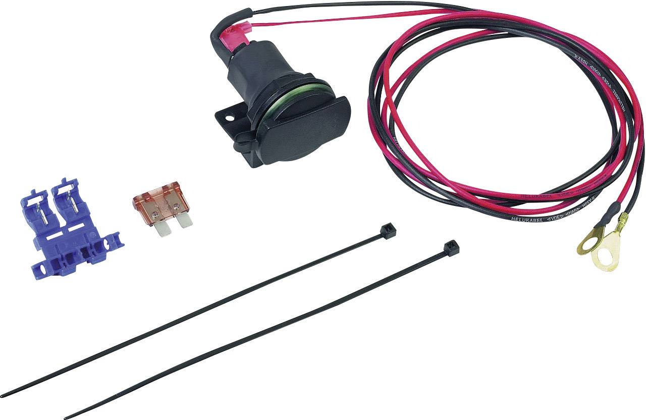 Un ensemble de composants électroniques comprenant un interrupteur avec des câbles, deux colliers de câbles, un porte-fusible et un fusible plat.