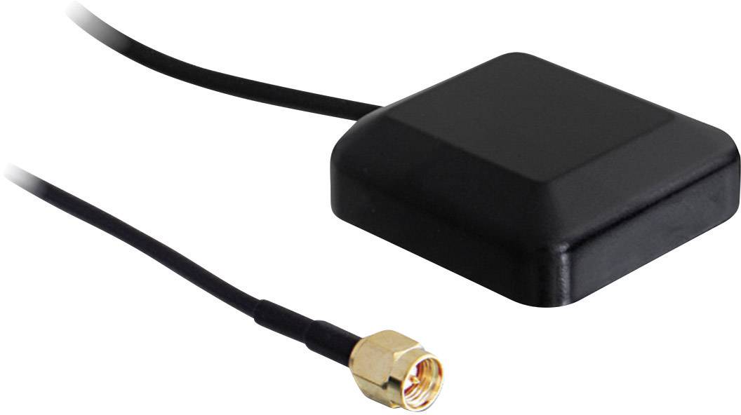 Antenne GPS noire, rectangulaire, avec câble et connecteur doré.