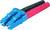 Deux câbles à fibre optique LC Duplex, l'un rouge, l'autre noir, munis de connecteurs bleus. Ils sont destinés à la transmission de données à haute vitesse.