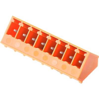 Un bornier électrique orange à sept entrées, utilisé pour connecter des câbles.