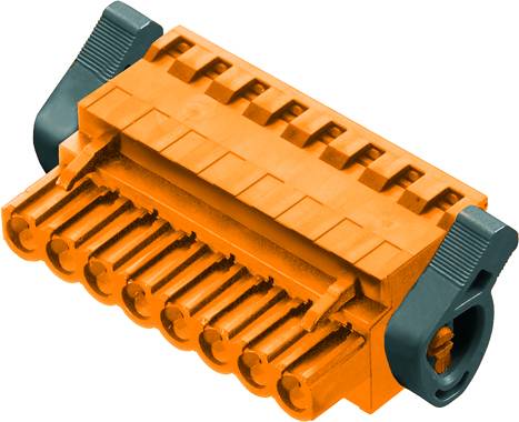 Un connecteur électrique orange à huit contacts avec des verrous gris sur les côtés.