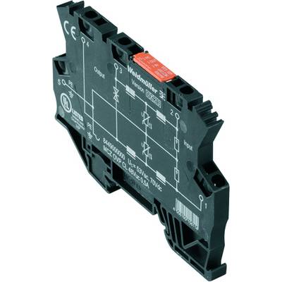 Un composant électronique Weidmüller avec un schéma de câblage imprimé, montrant les entrées et les sorties ainsi que les spécifications techniques.