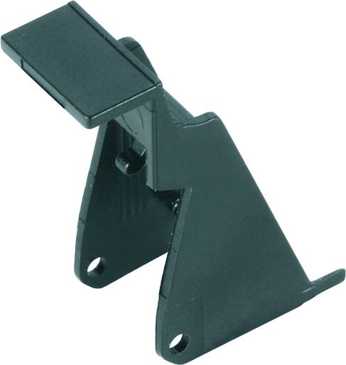 Un angle en plastique noir avec deux trous de vis et un levier rectangulaire sur le dessus. Utilisé pour la fixation ou l'installation.