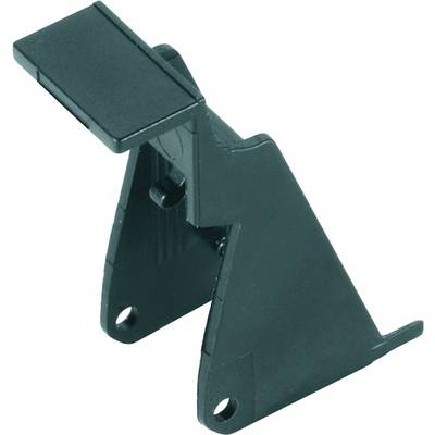 Un angle en plastique noir avec deux trous de vis et un levier rectangulaire sur le dessus. Utilisé pour la fixation ou l'installation.