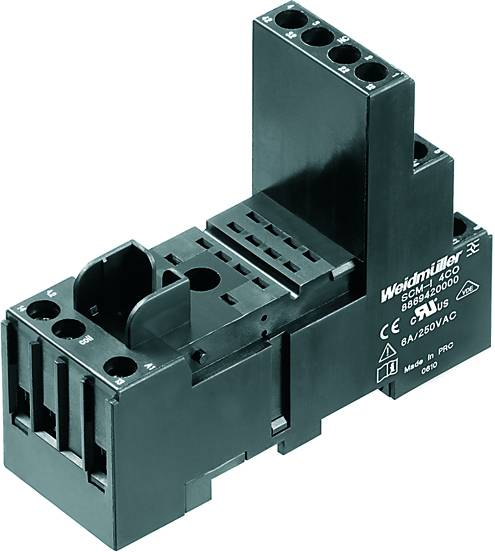 Un connecteur électrique noir de la marque Weidmüller, modèle SSM 61-400. Il dispose de six points de connexion et est adapté pour 6A/250VAC.