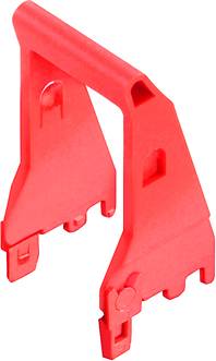 Clip de fixation en plastique rouge utilisé pour maintenir des composants dans une structure modulaire.