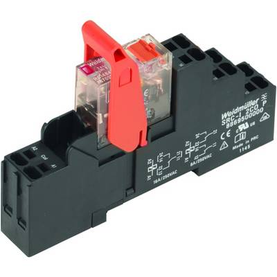Un module relais Weidmüller avec un commutateur rouge, monté sur un support de base noir. Le texte sur le côté indique les spécifications électriques.
