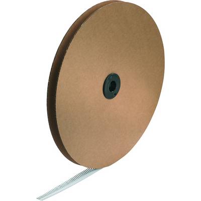 Un grand rouleau de ruban adhésif marron avec une série de métal qui dépasse. Le ruban est utilisé pour fixer ou renforcer.