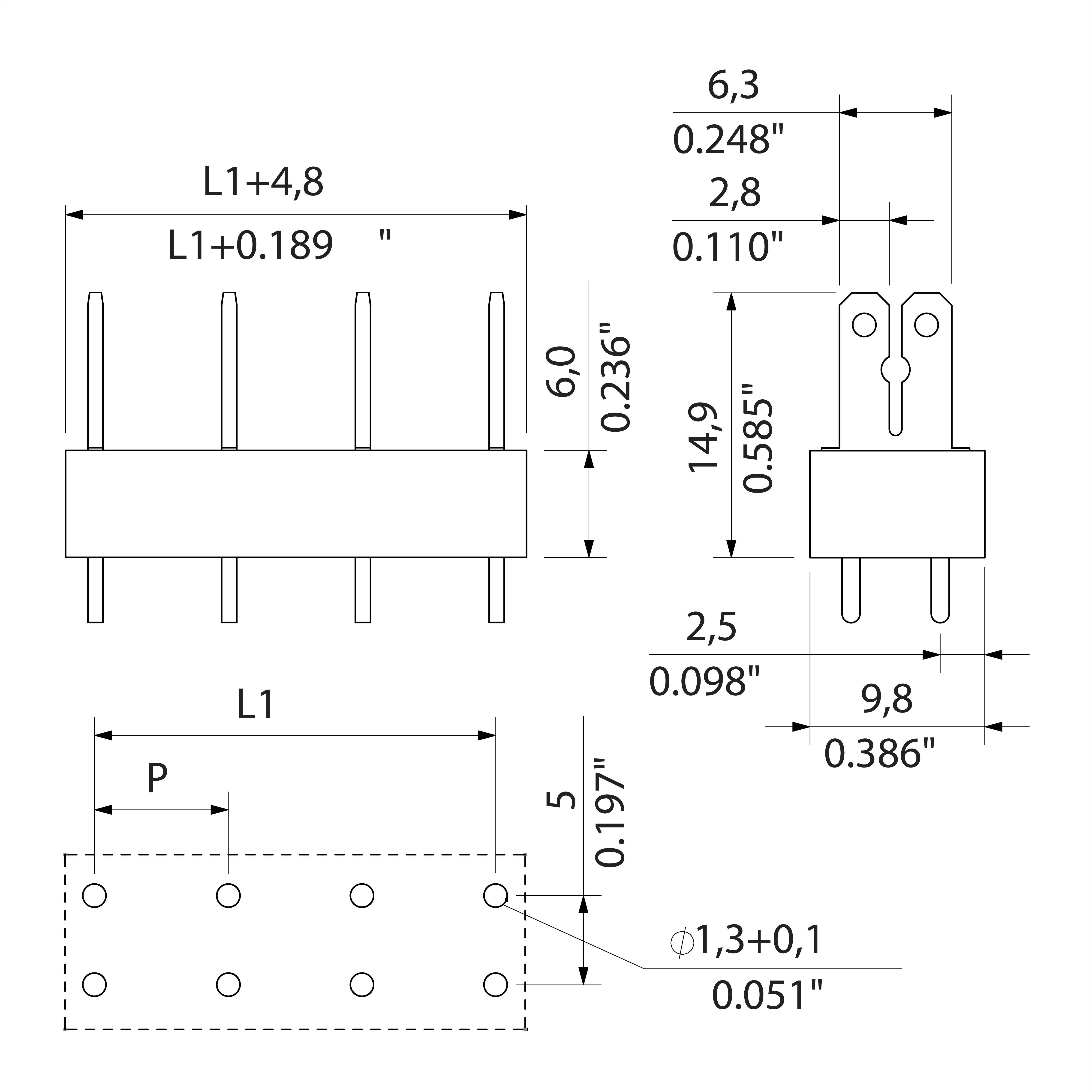 Dessin technique d'un composant électronique avec dimensions en millimètres et pouces. Présente une vue de face, une vue latérale et une vue des perçages.
