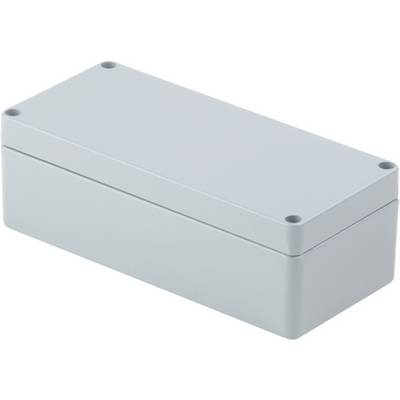 Boîtier rectangulaire gris en plastique avec couvercle amovible et quatre trous de vis aux angles, adapté pour les composants électroniques.