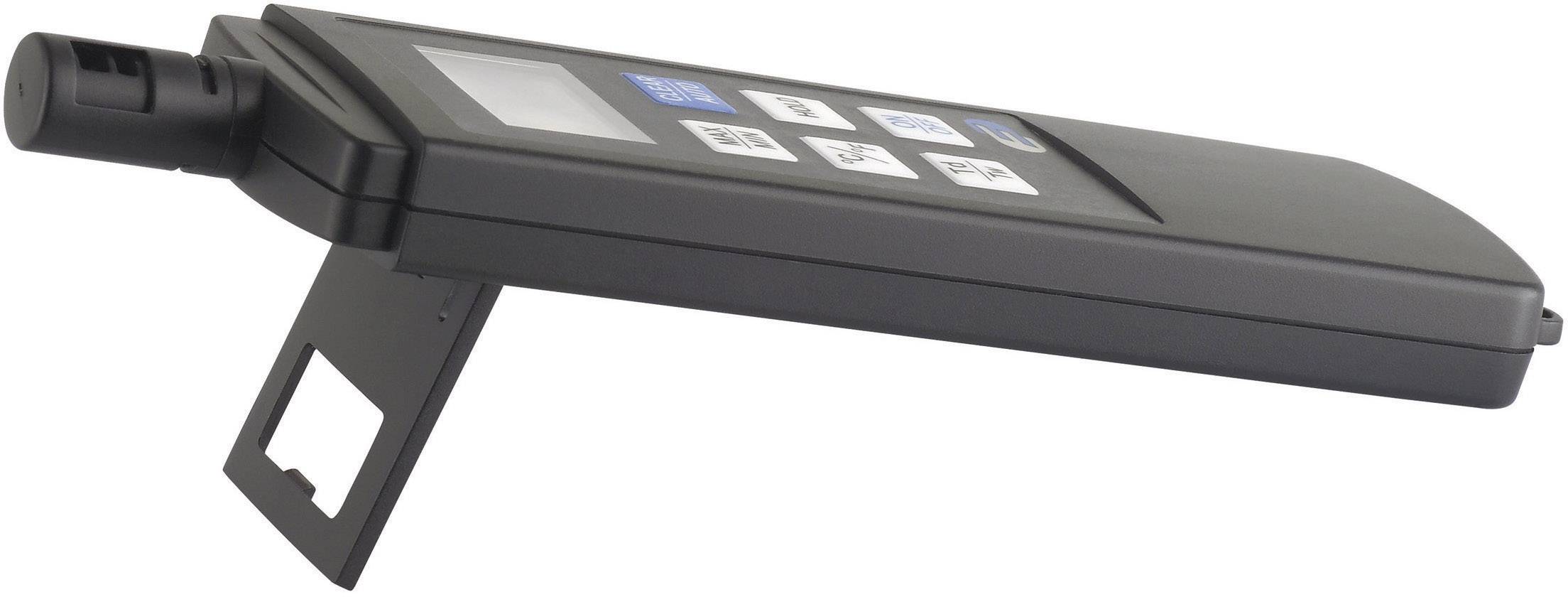 Appareil de mesure portable avec boîtier noir et écran, capteur monté sur le côté, adapté pour vérifier les conditions environnementales.