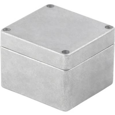Une boîte argentée, rectangulaire avec des coins arrondis et quatre trous de vis, probablement un boîtier pour des appareils électriques.