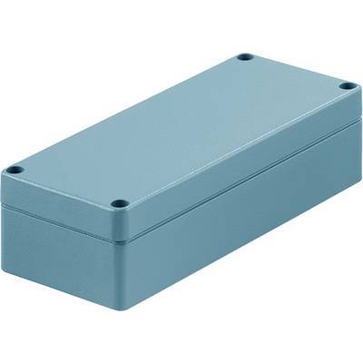 Boîtier rectangulaire bleu clair avec des angles arrondis et quatre trous de vis dans les coins.