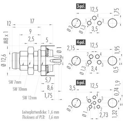Dessin technique d'un connecteur avec différentes vues et dimensions pour les variantes à 3, 4 et 6 pôles.