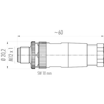 Dessin technique d'un connecteur cylindrique avec cotations : longueur totale d'environ 60 mm, diamètre 20,2 mm, filetage M12 x 1.