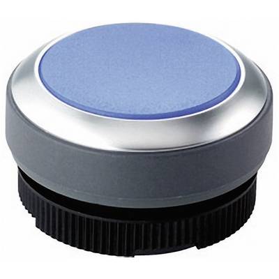 Un bouton rotatif rond en argent avec un dessus bleu et un bord strié noir pour le contrôle des fonctions.