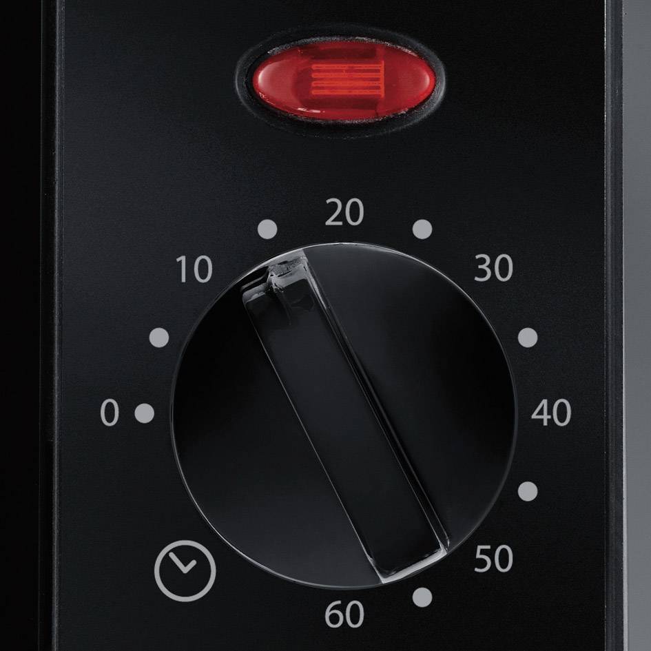 Gros plan d'un bouton rotatif noir avec des chiffres de 0 à 50 et un élément lumineux rouge en haut ; illustrant une commande de température.