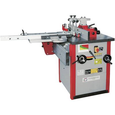 Une machine industrielle de traitement du bois en rouge et gris, équipée de leviers, de boutons et de molettes de réglage pour des travaux de précision.