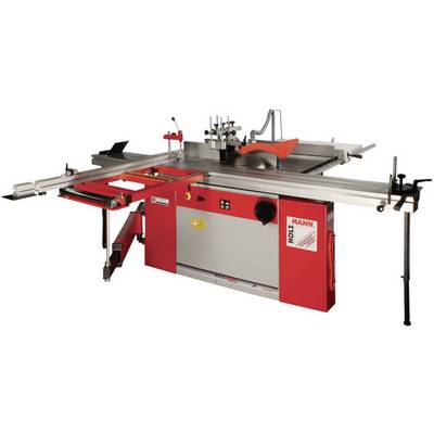 Grande machine de transformation du bois rouge et argentée avec plusieurs outils de sciage et de coupe, adaptée pour l'usinage précis du bois.